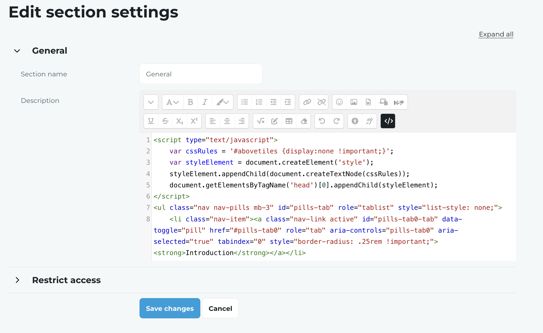 Moodle section description editor showing JavaScript customization and HTML tab navigation markup